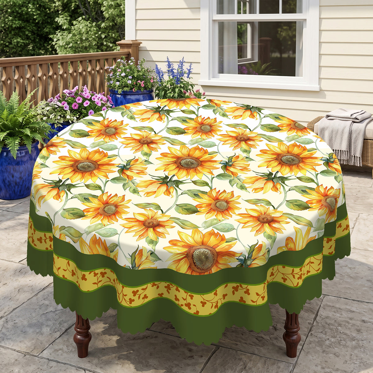 Sunflower Green Border Round Tablecloth, Decorative Dining Table Cover for Dining Room, Patio & Garden Parties - BH006-152R - image 1