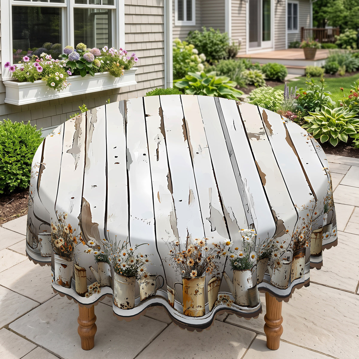 Whitewashed Wood Plank Daisy Round Tablecloth, Decorative Dining Table Cover for Kitchen, Dining & Farmhouse Home Decor - BN008-1-152R - image 1
