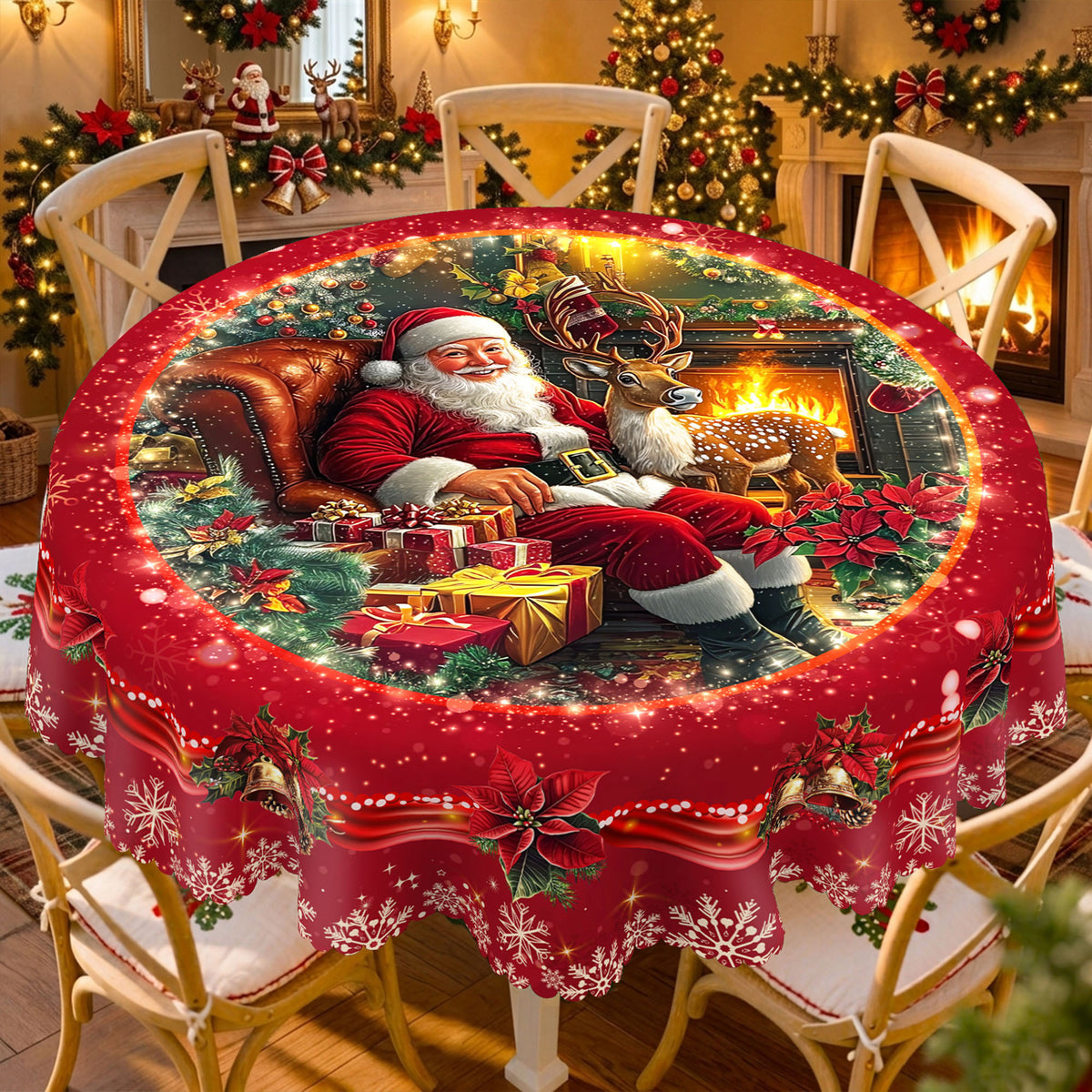 Christmas Santa Fireplace Round Tablecloth, Decorative Dining Table Cover for Dining, Holiday Parties & Christmas Decor - BS022-180R - image 1