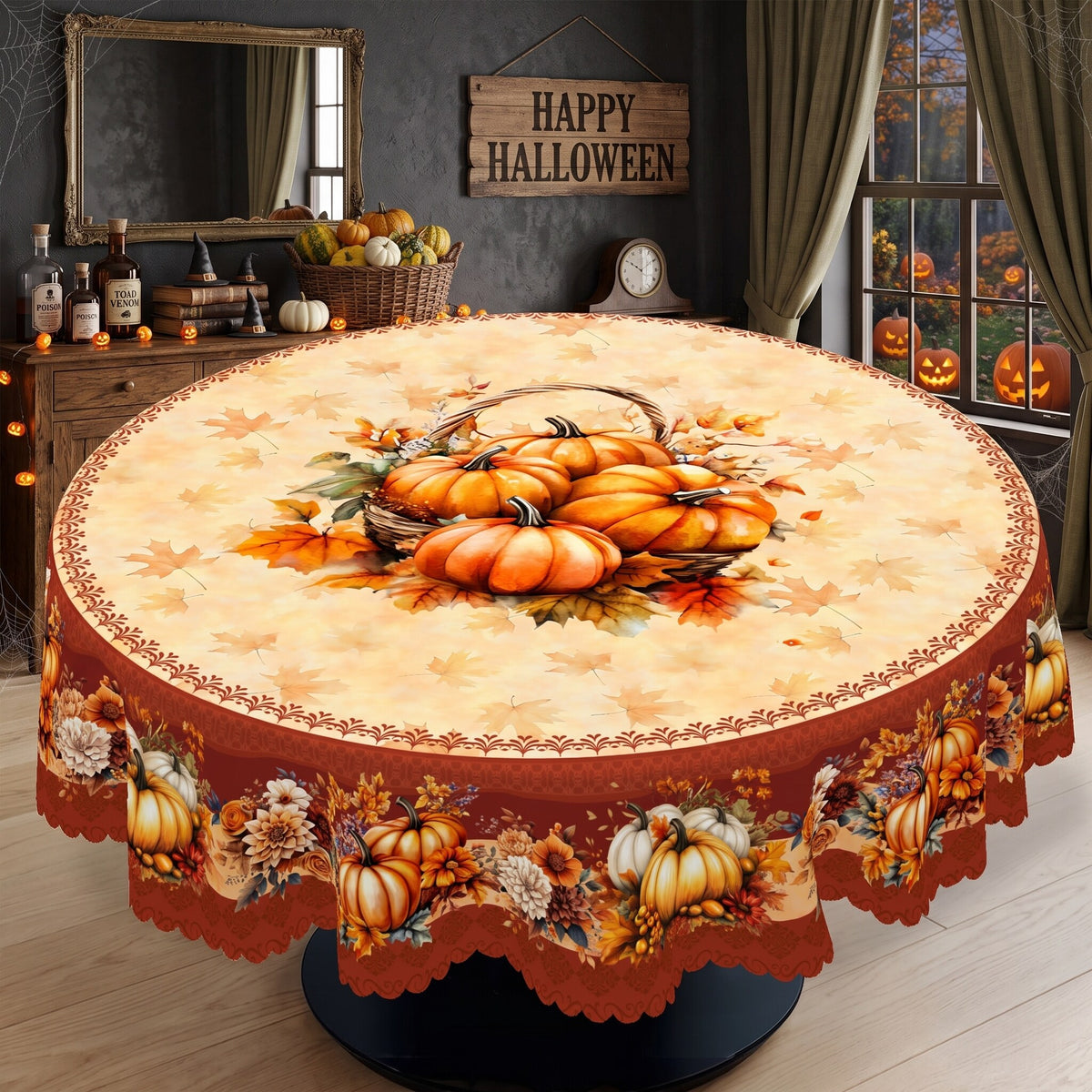 Pumpkin Harvest Border Round Tablecloth, Decorative Dining Table Cover for Dining, Thanksgiving & Farmhouse Fall Decor - BQ017-180R - image 1