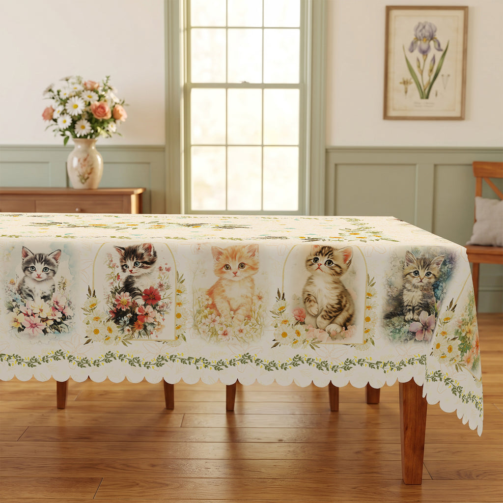 Kitten & Daisy Floral Tablecloth, Decorative Dining Table Cover for Kitchen, Dining & Pet Lover Home Decor - BM002-220 - image 1