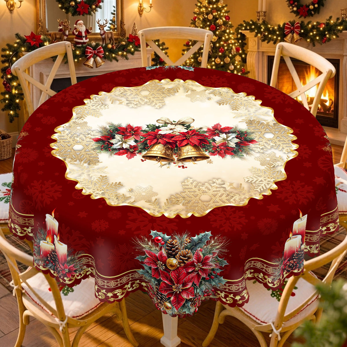 Christmas Holly Wreath Round Tablecloth, Decorative Dining Table Cover for Dining, Holiday Parties & Christmas Decor - BS026-180R - image 1