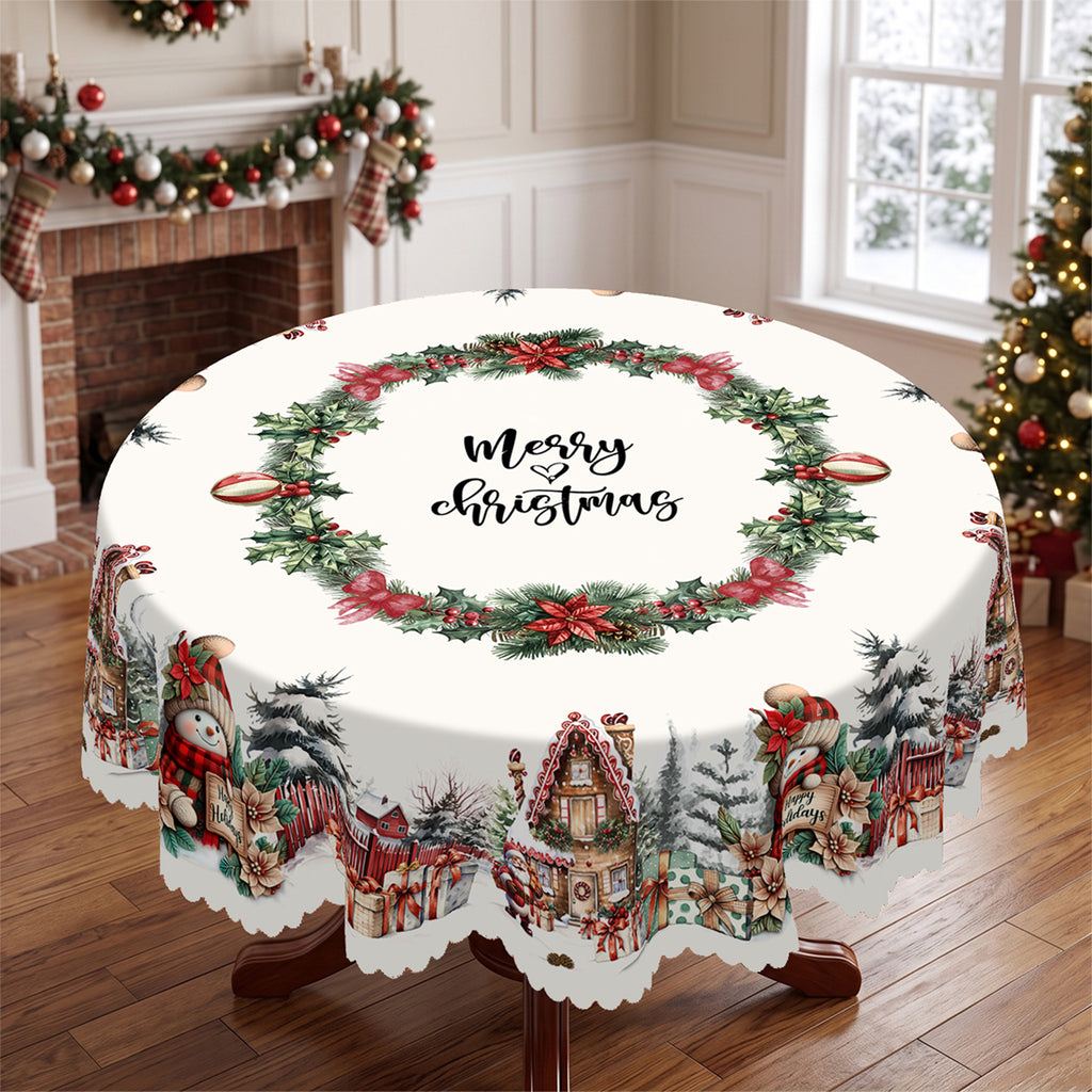 Christmas Snowman Village Round Tablecloth, Decorative Dining Table Cover for Dining, Holiday Parties & Christmas Decor - BS010-180R - image 1
