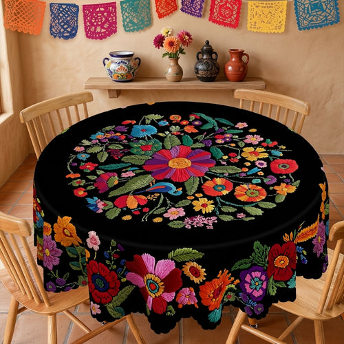 Black Mexican Floral Round Tablecloth, Decorative Dining Table Cover for Dining, Party & Boho Home Decor - BH015-1-152R - image 1