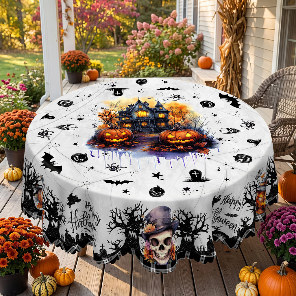 Halloween Spooky Garden Round Tablecloth, Decorative Dining Table Cover for Halloween Parties, Dining & Fall Decor - BW003-152R - image 1