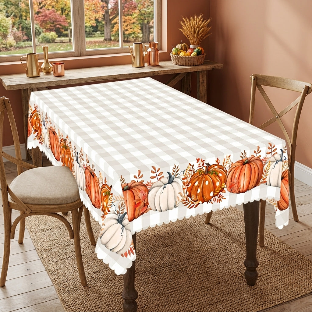 Fall Pumpkin Gingham Tablecloth, Decorative Dining Table Cover for Thanksgiving, Fall Dining & Farmhouse Decor - BQ001-220 - image 1