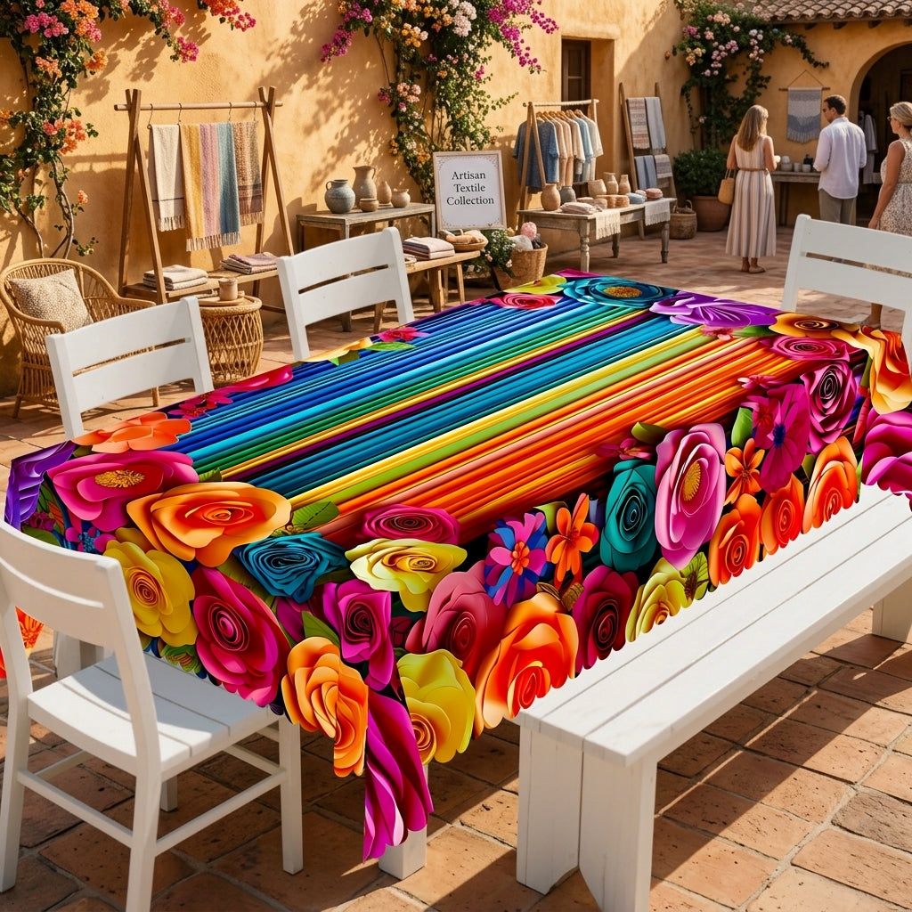 Vibrant Mexican Floral Stripe Tablecloth, Decorative Dining Table Cover for Dining, Party, Patio & Colorful Home Decor - 70-1-140 - image 1