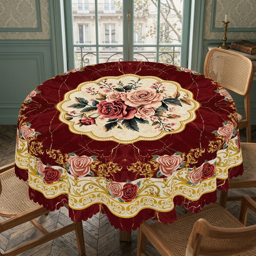 Burgundy Rose Baroque Round Tablecloth, Decorative Dining Table Cover for Dining Room, Wedding, Party & Vintage Home Decor - H006-1-152R - image 1