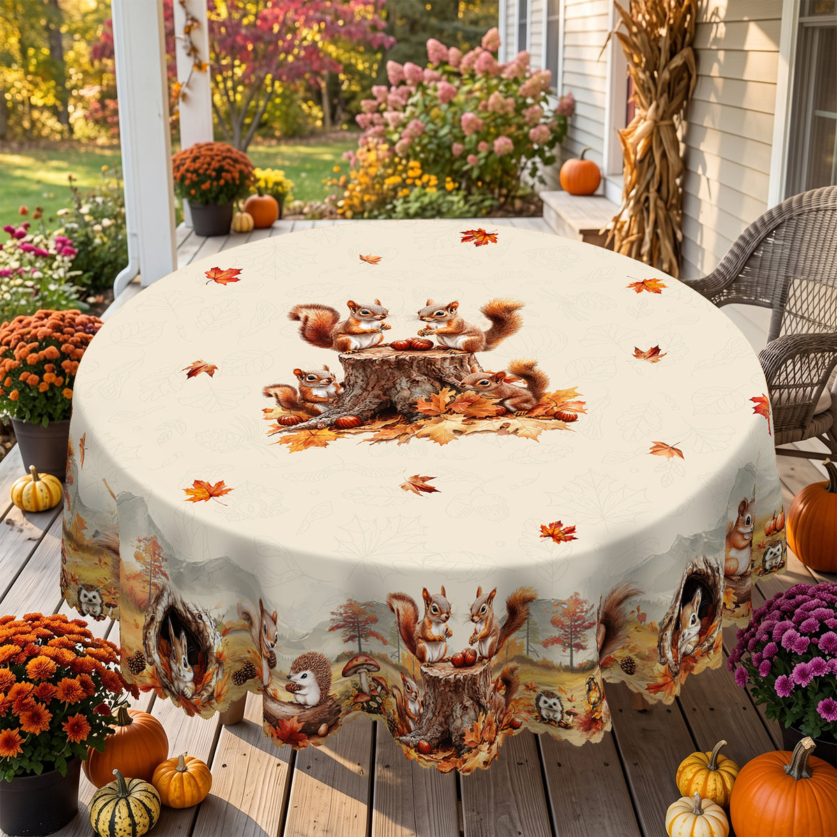 Autumn Squirrel Harvest Round Tablecloth, Decorative Dining Table Cover for Dining, Thanksgiving & Fall Home Decor - BQ015-152R - image 1