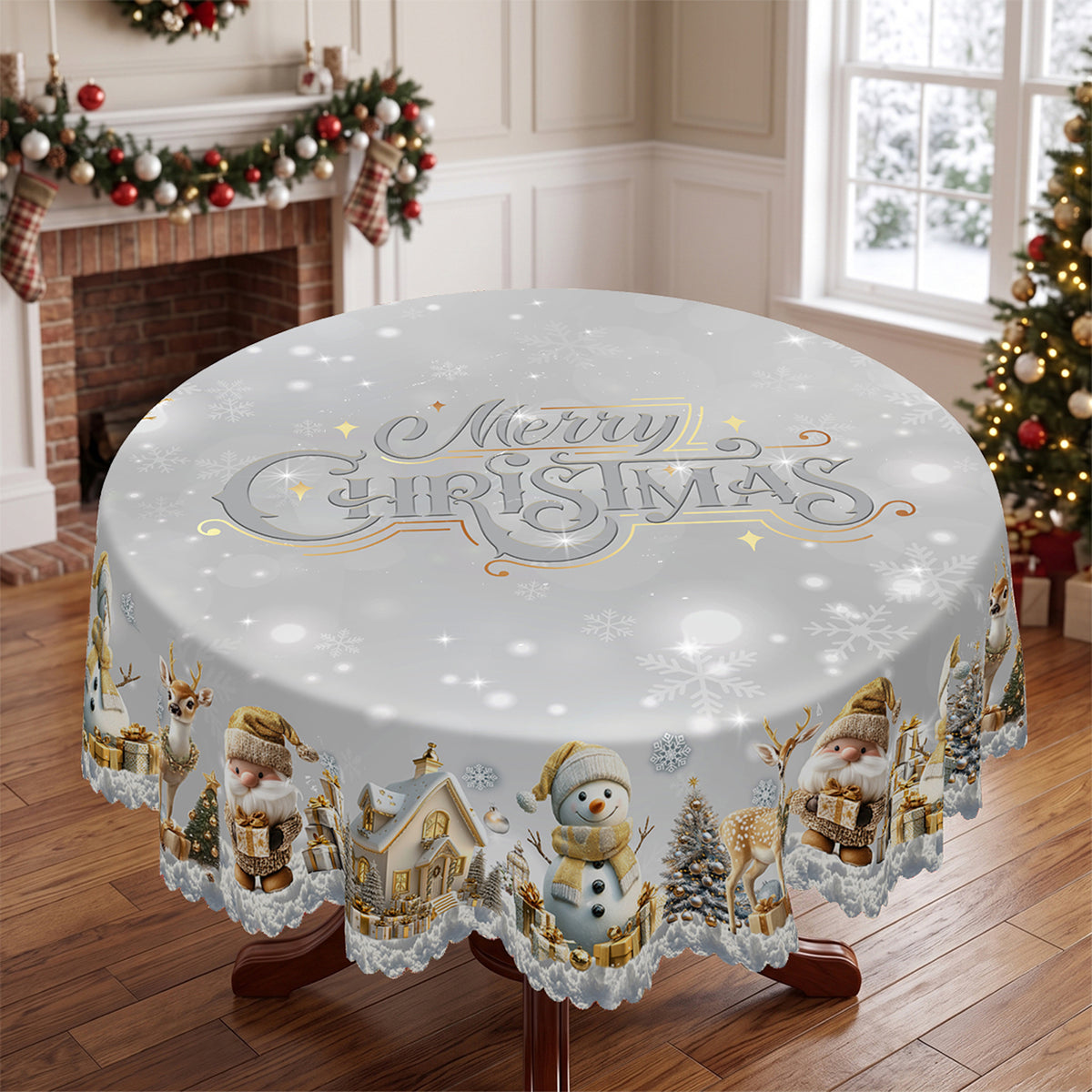 Christmas Silver Snowflake Round Tablecloth, Decorative Dining Table Cover for Dining, Holiday Parties & Winter Decor - BS021-152R - image 1