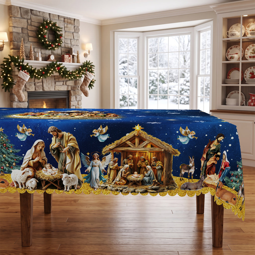 Blue Starry Nativity Tablecloth, Decorative Dining Table Cover for Dining, Holiday Parties & Christmas Decor - BS042-220 - image 1