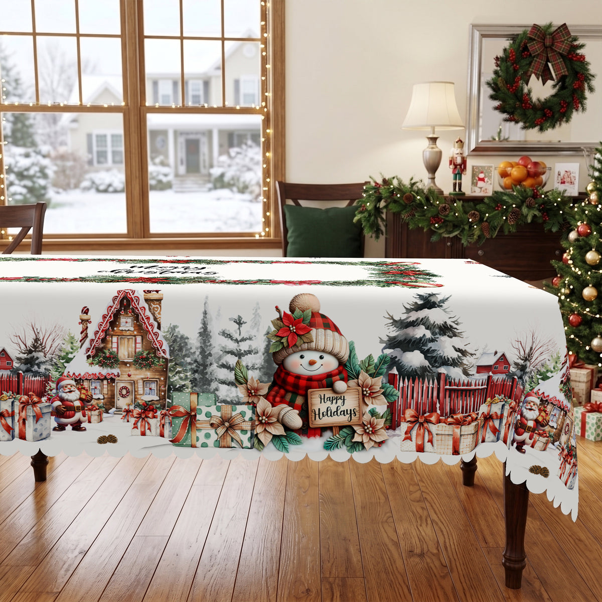 Christmas Snowman Village Tablecloth, Decorative Dining Table Cover for Dining, Holiday Parties & Christmas Decor - BS010-305 - image 1