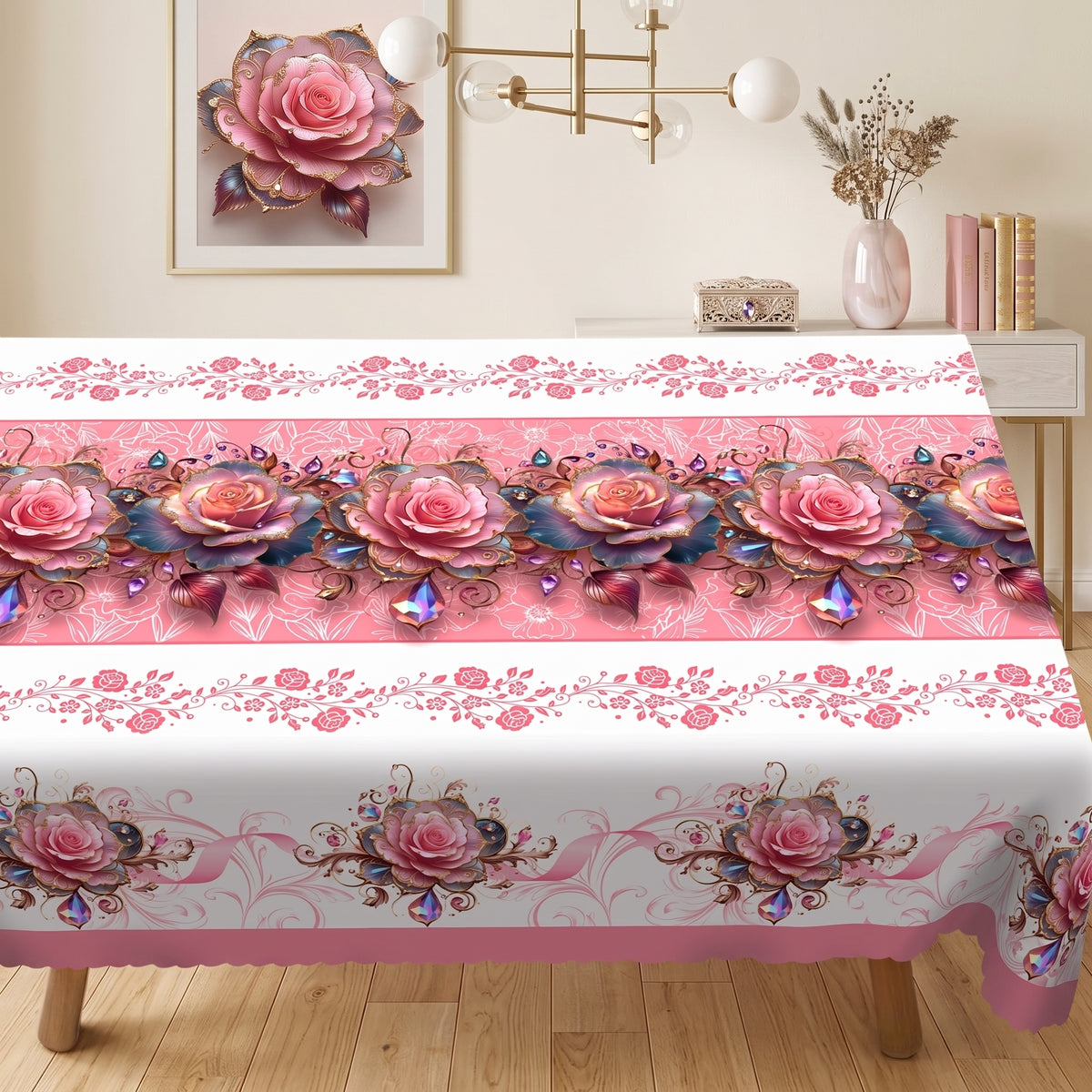 Pink Rose 3D Floral Tablecloth, Decorative Dining Table Cover for Dining Room, Party & Elegant Home Decor - BH003-220 - image 1