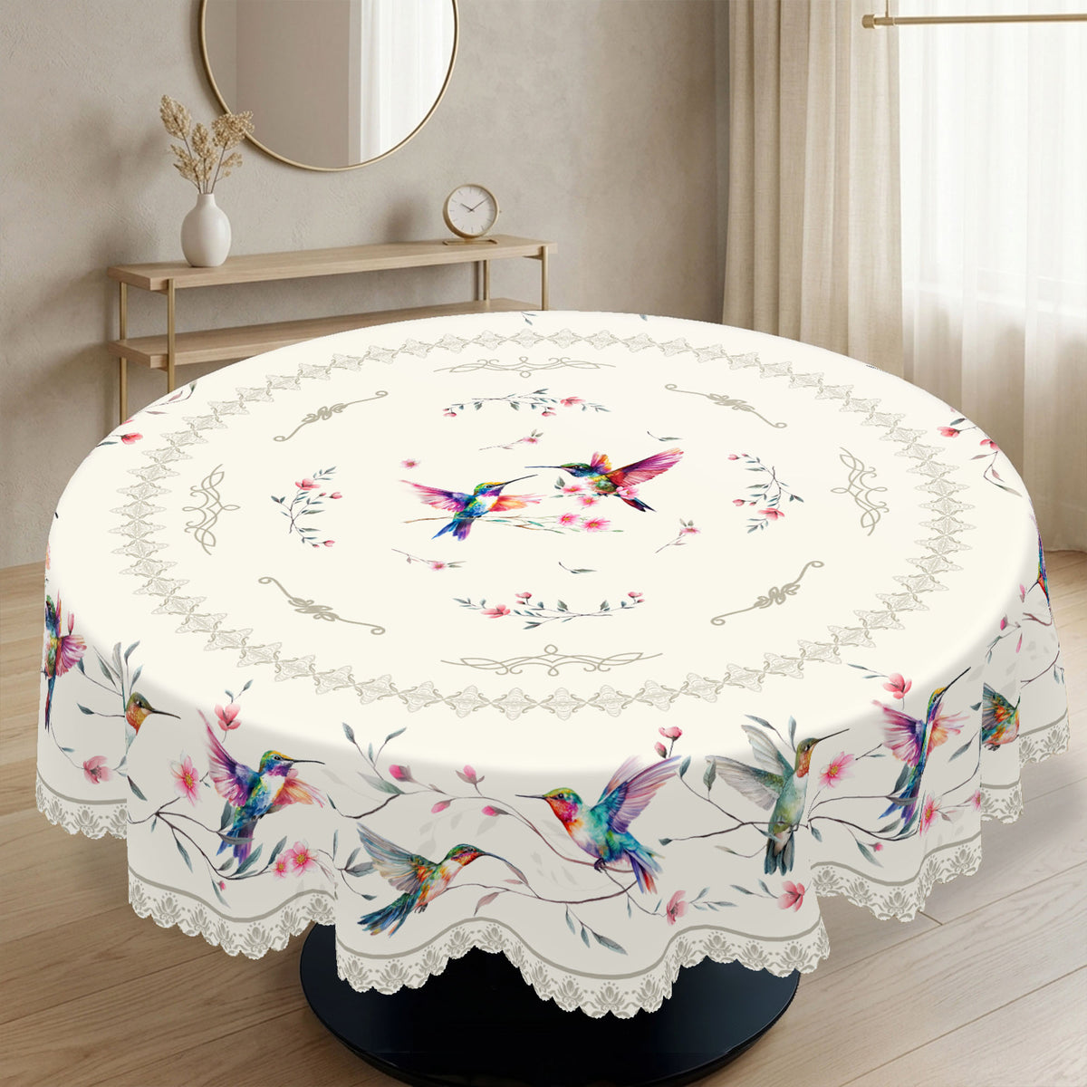 Hummingbird Spring Floral Round Tablecloth, Decorative Dining Table Cover for Dining Room, Garden Party & Spring Decor - CT001-1-152R - image 1