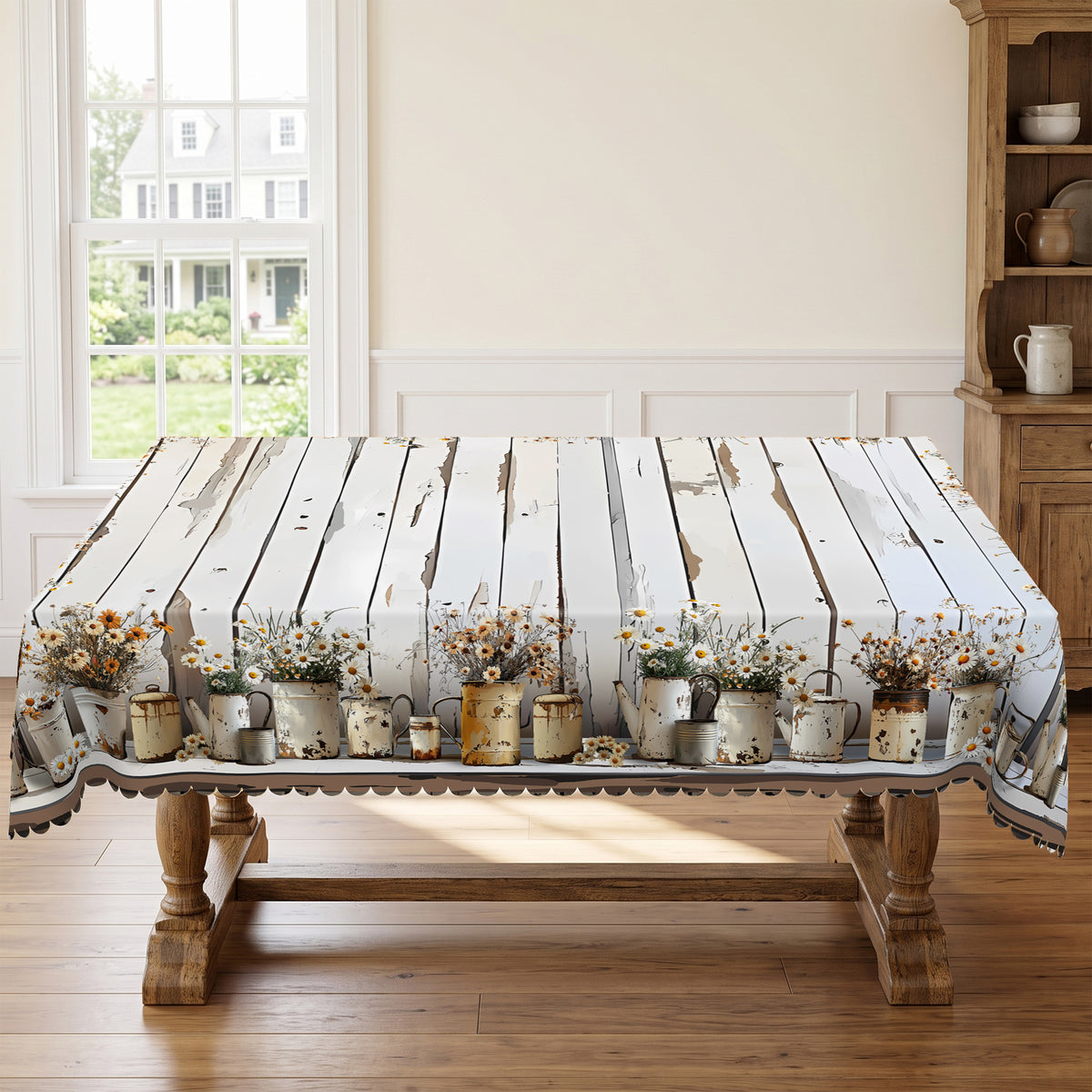 Whitewashed Wood Plank Daisy Tablecloth, Decorative Dining Table Cover for Kitchen, Dining & Farmhouse Home Decor - BN008-1-220 - image 1
