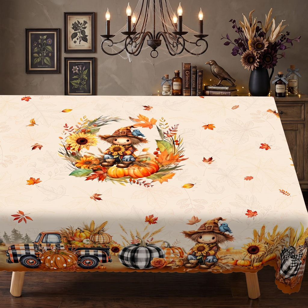 Autumn Scarecrow Harvest Tablecloth, Decorative Dining Table Cover for Dining, Thanksgiving & Farmhouse Fall Decor - BQ011-220 - image 1
