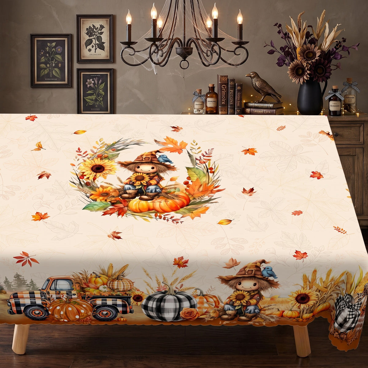 Autumn Scarecrow Harvest Tablecloth, Decorative Dining Table Cover for Dining, Thanksgiving & Farmhouse Fall Decor - BQ011-220 - image 1