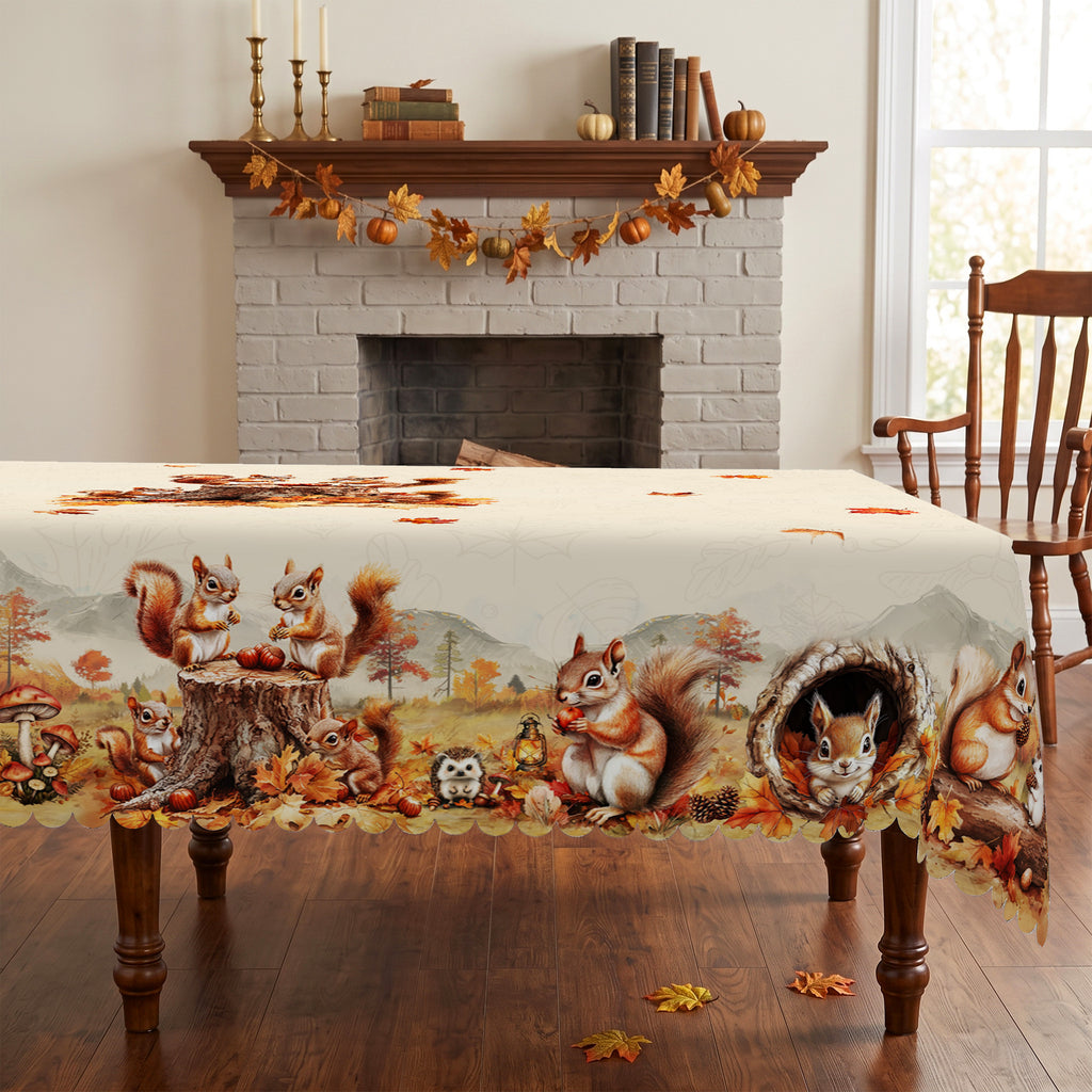 Autumn Squirrel Harvest Tablecloth, Decorative Dining Table Cover for Dining, Thanksgiving & Fall Home Decor - BQ015-140 - image 1