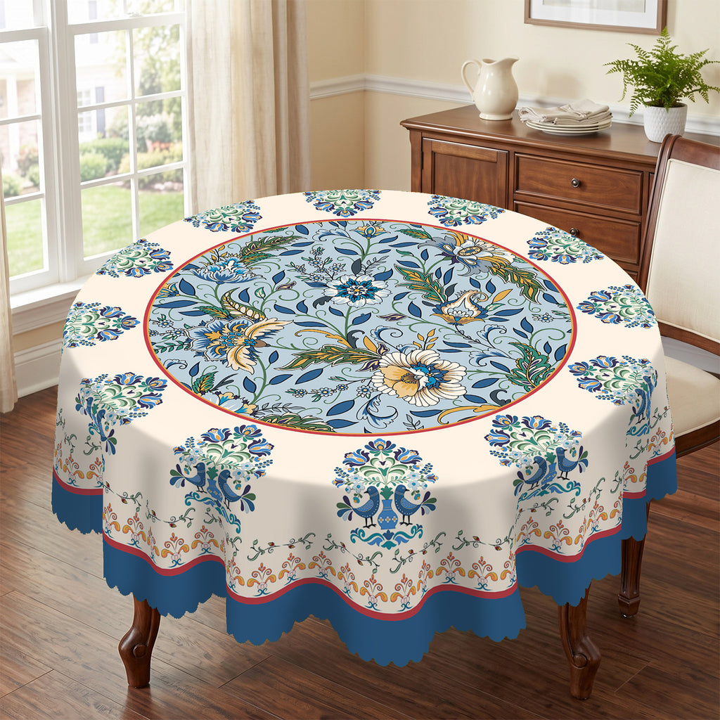 Blue Folk Floral Peacock Round Tablecloth, Decorative Dining Table Cover for Dining Room, Patio & Garden Party Decor - BH014-152R - image 1