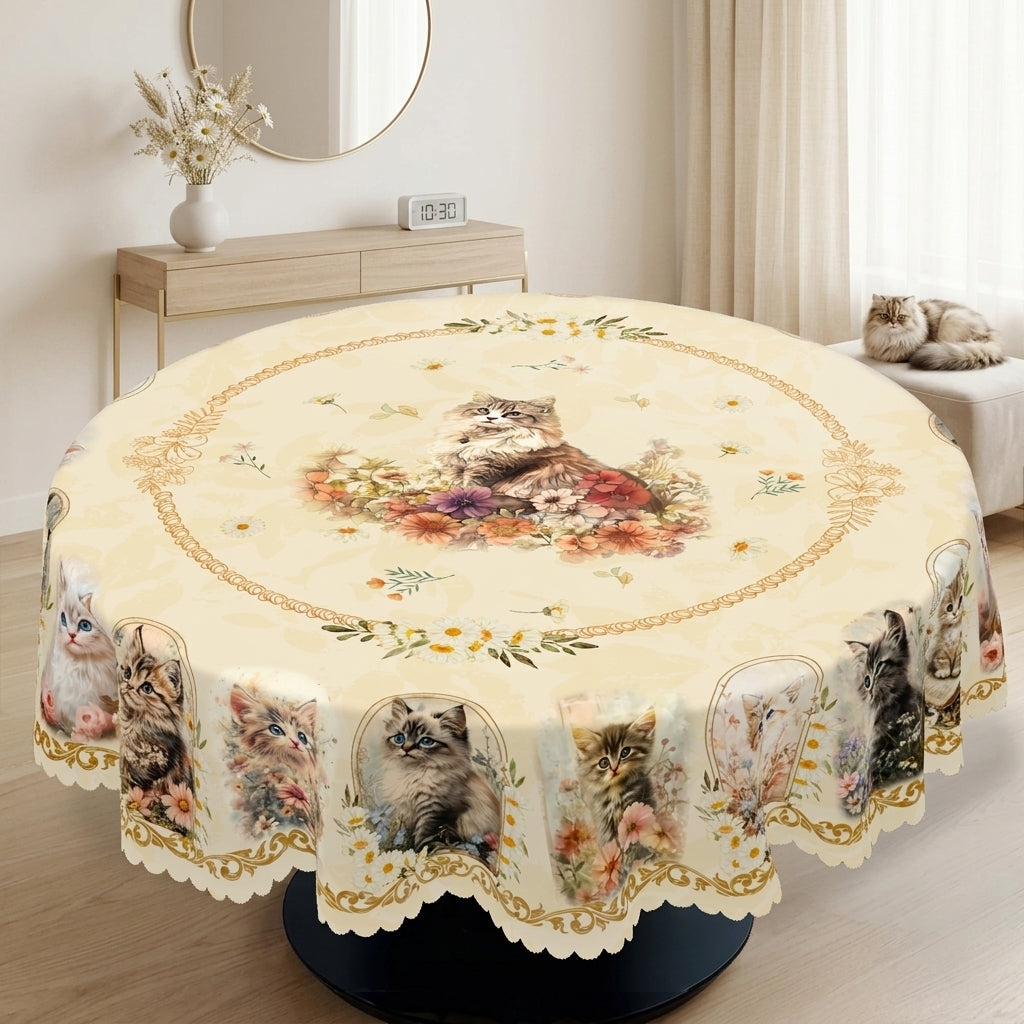Vintage Cat Cameo Floral Round Tablecloth, Decorative Dining Table Cover for Kitchen, Dining & Pet Lover Home Decor - BM004-152R - image 1