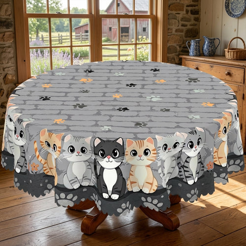 Cute Cat & Paw Print Round Tablecloth, Decorative Dining Table Cover for Kitchen, Dining & Cat Lover Home Decor - M018-152R - image 1