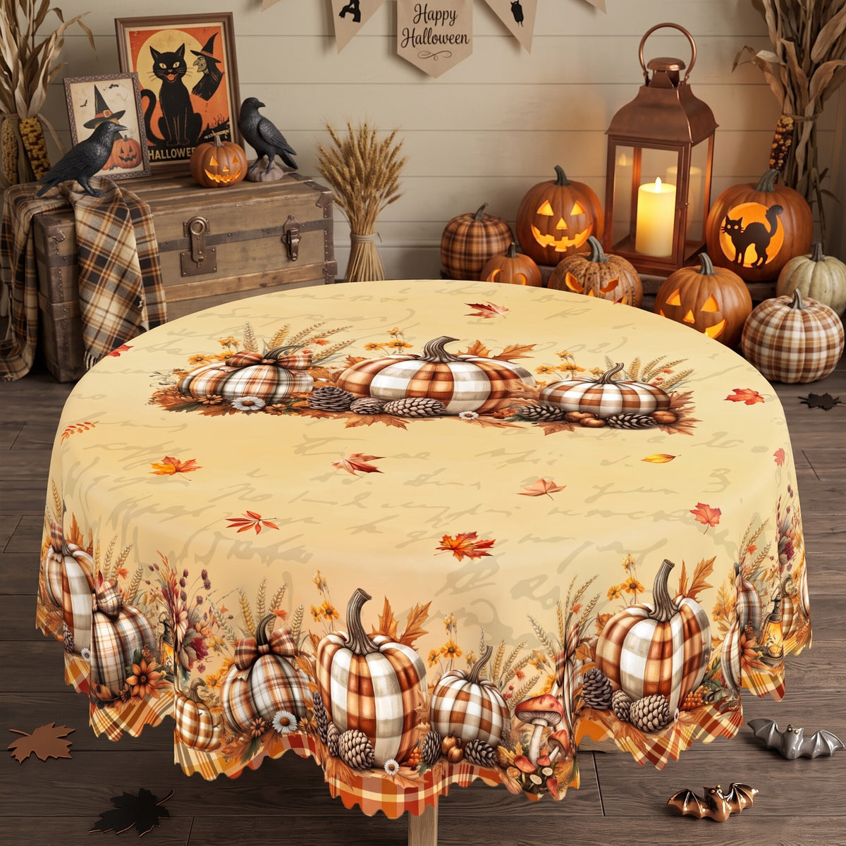 Plaid Pumpkin Harvest Round Tablecloth, Decorative Dining Table Cover for Dining, Thanksgiving & Farmhouse Fall Decor - BQ006-180R - image 1