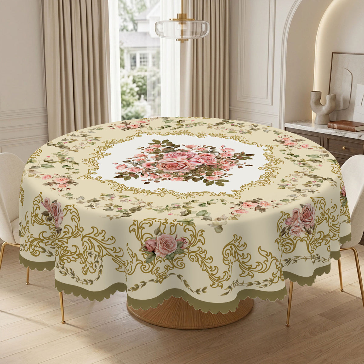 Vintage Pink Rose Medallion Round Tablecloth, Decorative Dining Table Cover for Dining, Holidays & Elegant Home Decor - BH012-1-180 - image 1