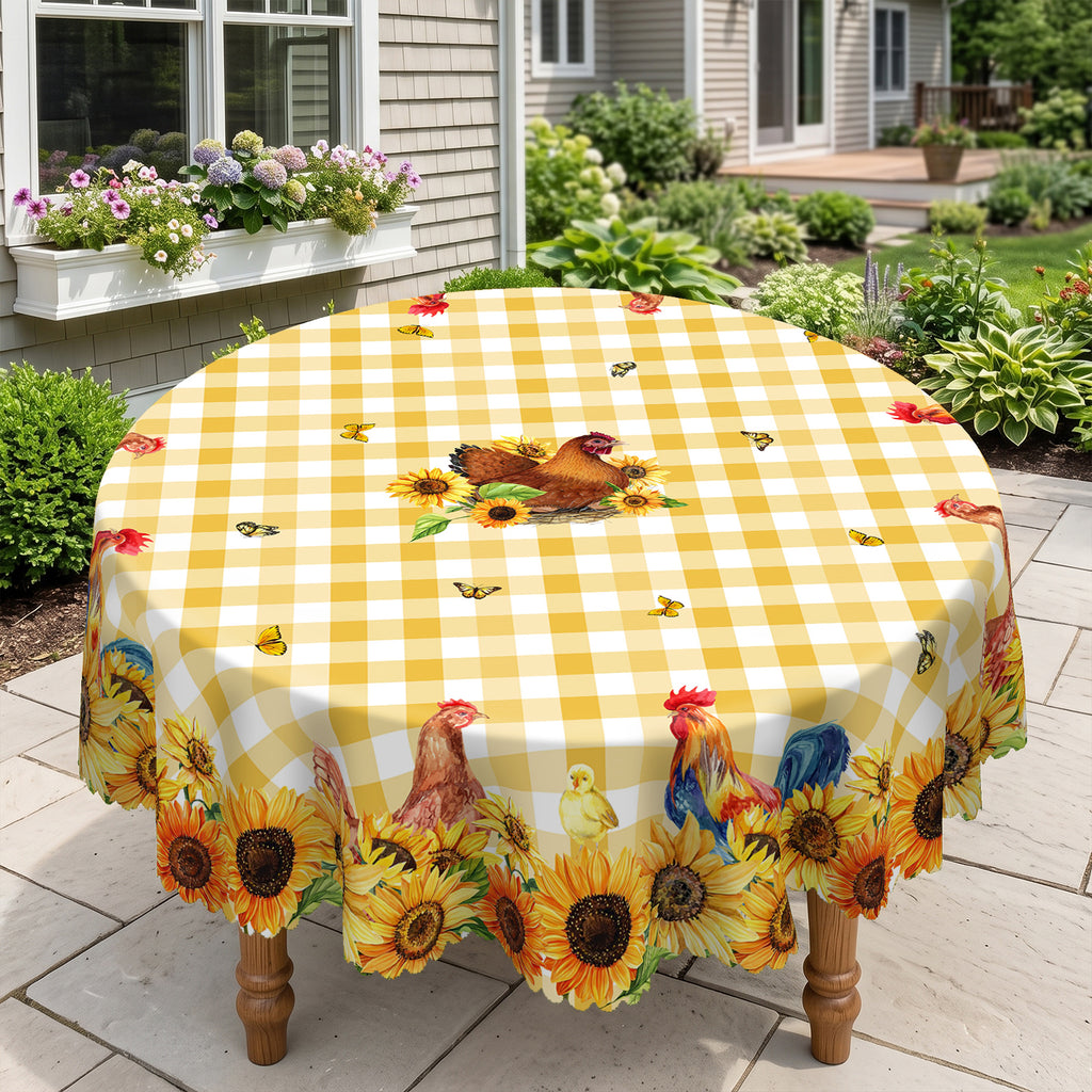 Sunflower Gingham Chicken Round Tablecloth, Decorative Dining Table Cover for Kitchen, Dining & Farmhouse Home Decor - N343-1-152R - image 1