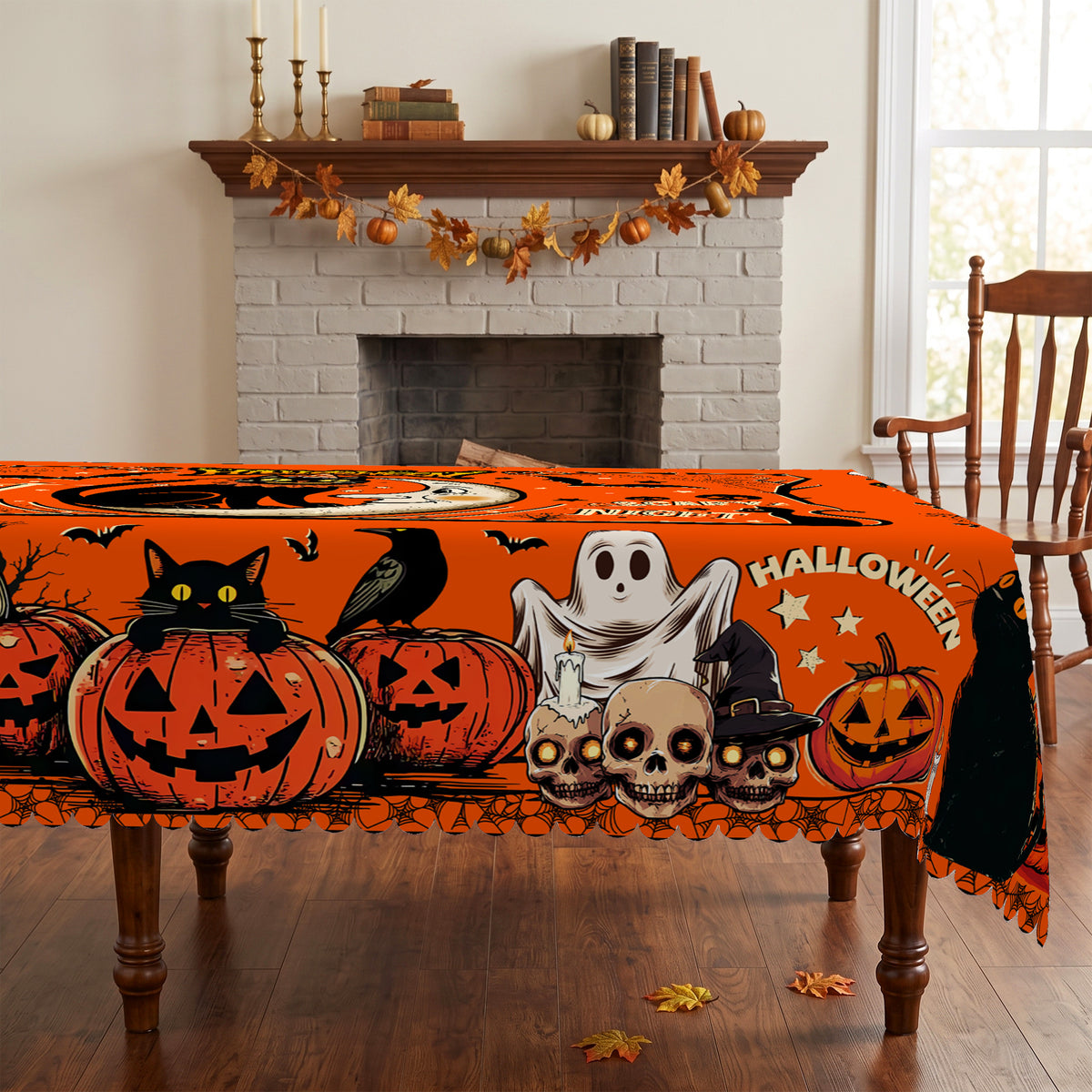 Halloween Pumpkin & Cat Tablecloth, Decorative Dining Table Cover for Halloween Parties, Dining & Fall Decor - BW007-140 - image 1