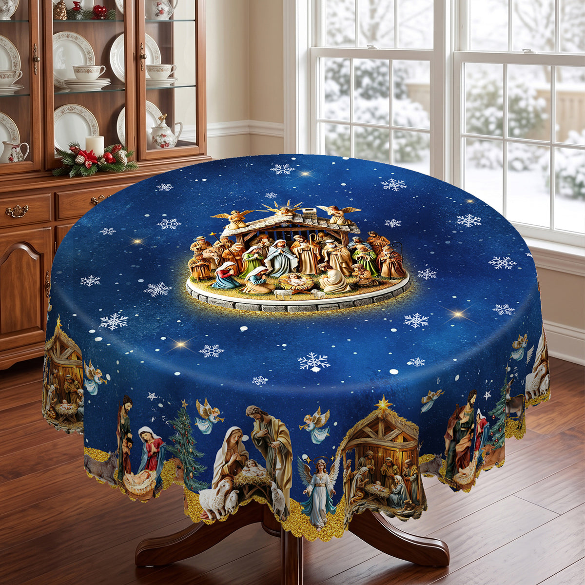 Blue Starry Nativity Round Tablecloth, Decorative Dining Table Cover for Dining, Holiday Parties & Christmas Decor - BS042-180R - image 1