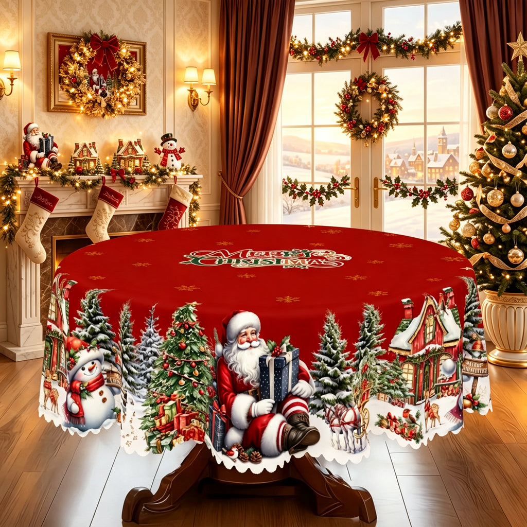 Christmas Santa Village Round Tablecloth, Decorative Dining Table Cover for Dining, Holiday Parties & Christmas Decor - BS001-180R - image 1