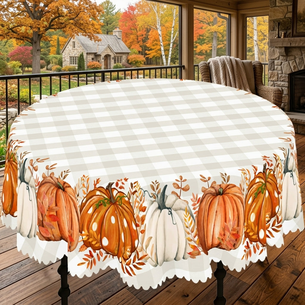 Fall Pumpkin Gingham Round Tablecloth, Decorative Dining Table Cover for Thanksgiving, Fall Dining & Farmhouse Decor - BQ001-152R - image 1