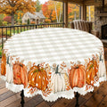 Fall Pumpkin Gingham Round Tablecloth, Decorative Dining Table Cover for Thanksgiving, Fall Dining & Farmhouse Decor - BQ001-152R - image 1