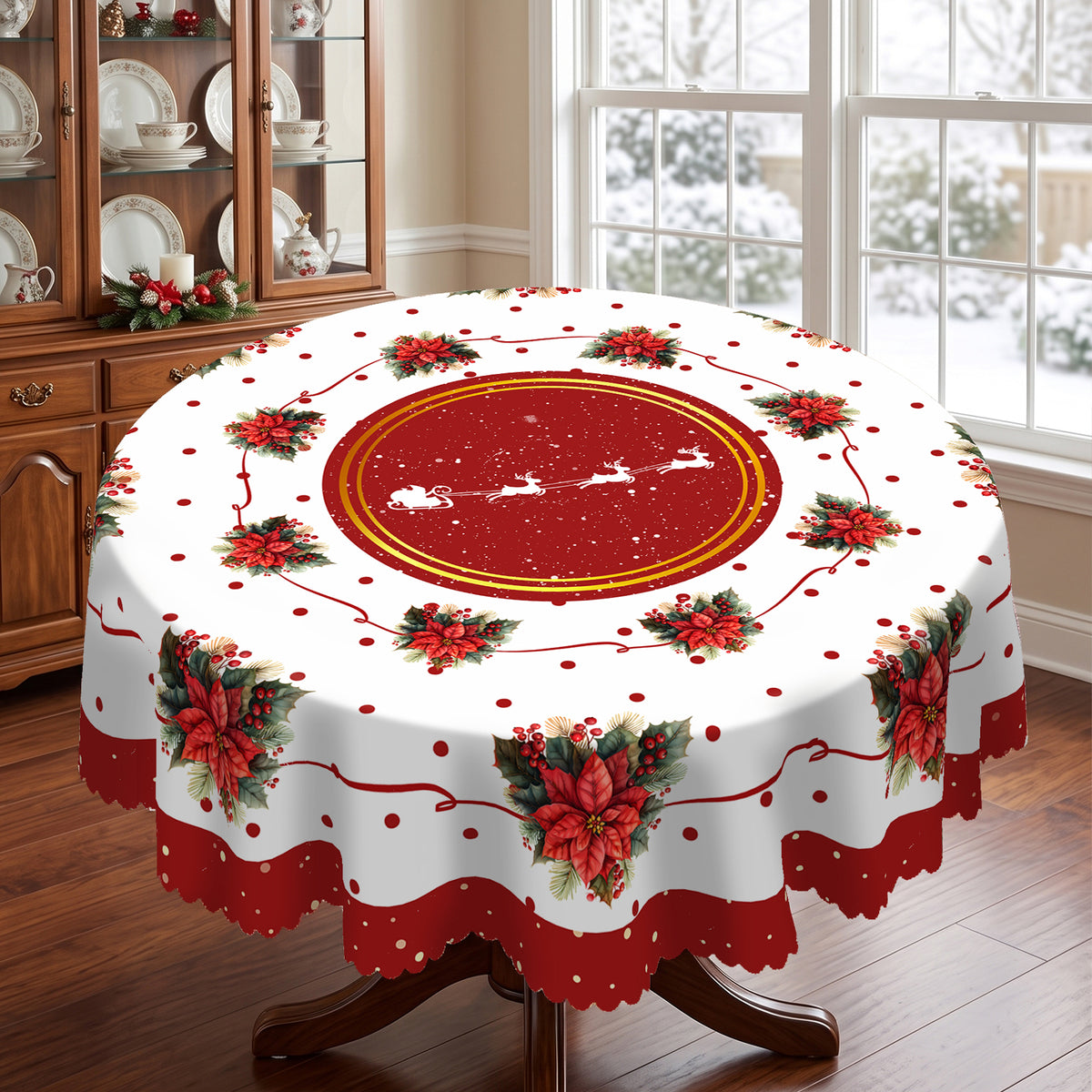 Christmas Red Rose Medallion Round Tablecloth, Decorative Dining Table Cover for Dining, Holiday Parties & Christmas Decor - H138-152R - image 1