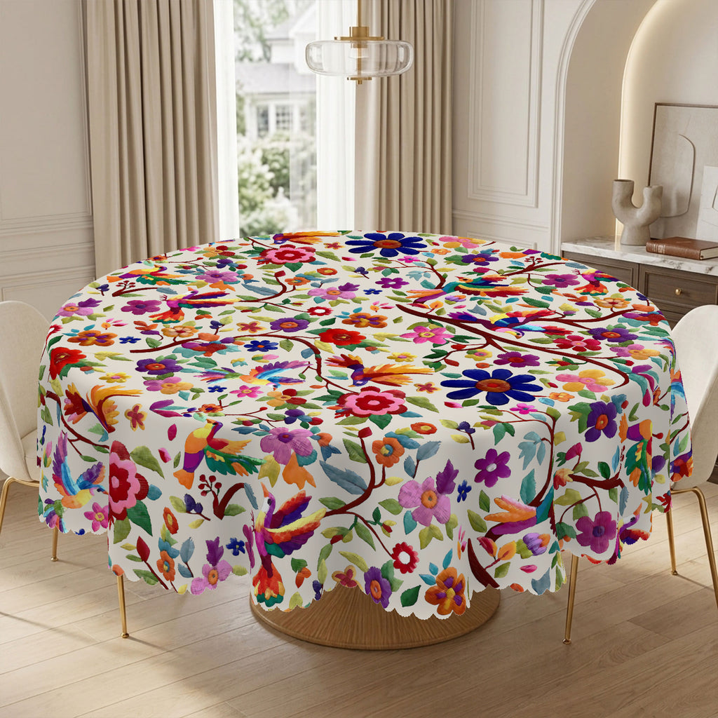 Mexican Colorful Floral Round Tablecloth, Decorative Dining Table Cover for Dining, Party, Patio & Colorful Home Decor - MEX001-1-152R - image 1