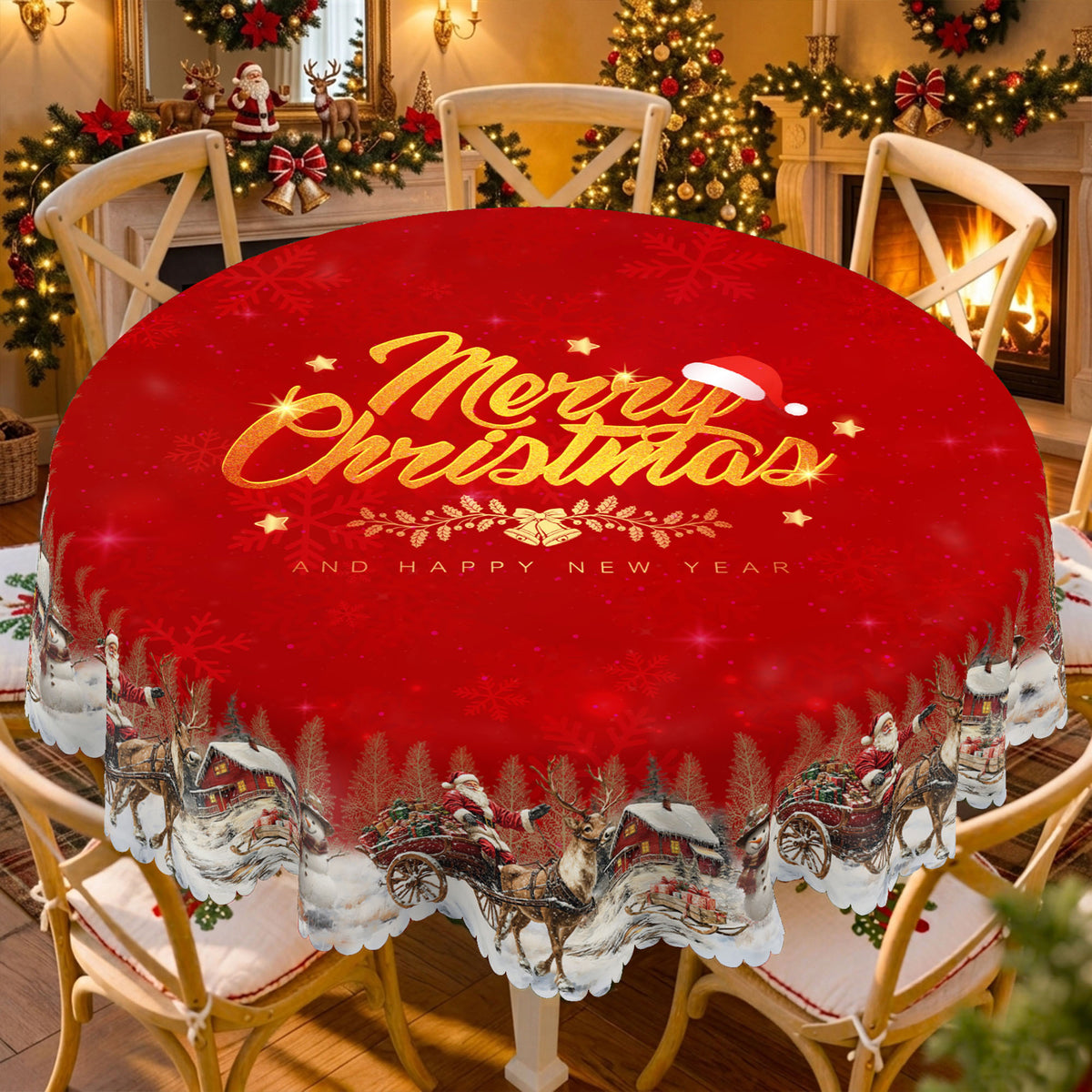 Merry Christmas Red Round Tablecloth, Decorative Dining Table Cover for Dining, Holiday Parties & Christmas Decor - BS036-180 - image 1