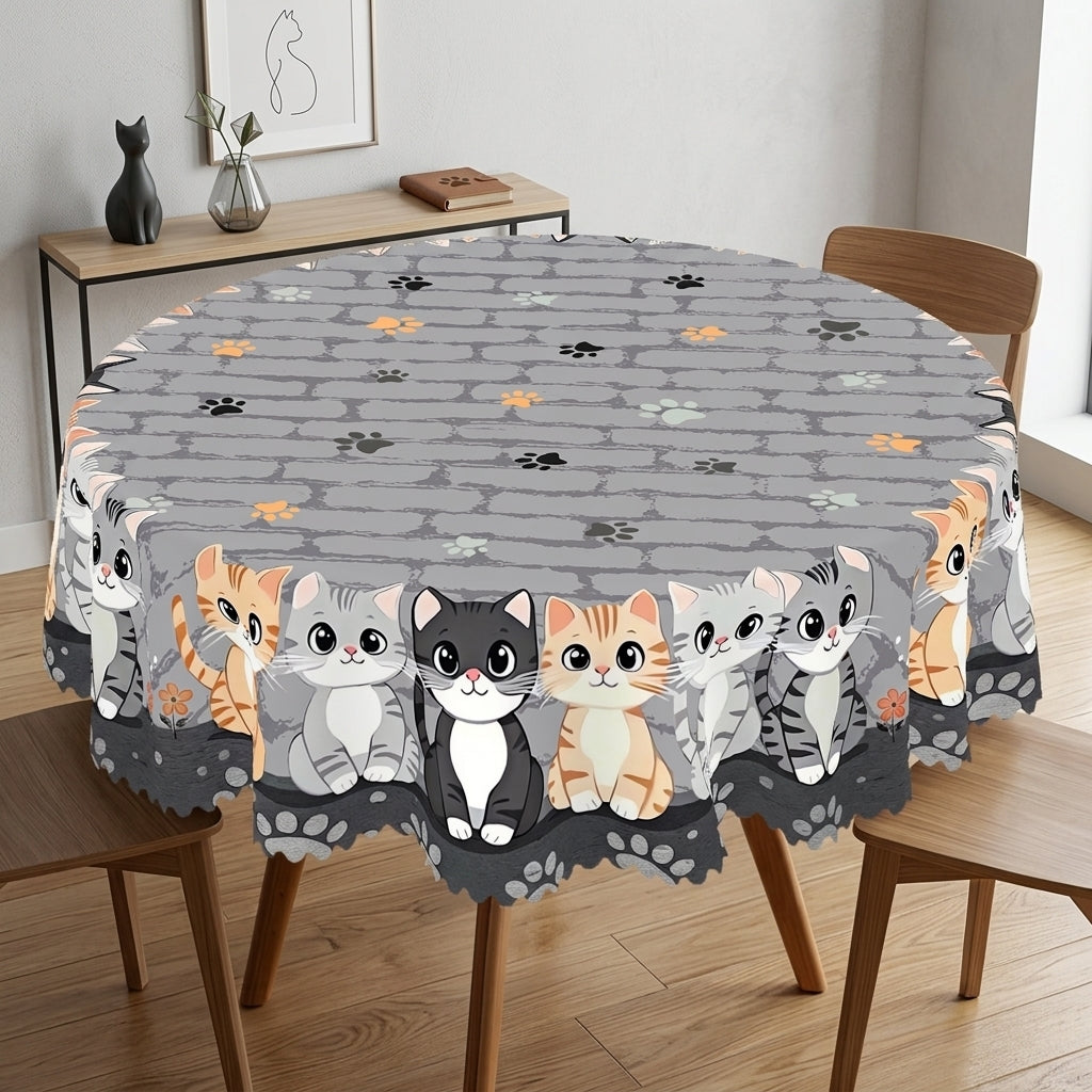 Gray Cat & Floral Round Tablecloth, Decorative Dining Table Cover for Kitchen, Dining & Cat Lover Home Decor - BM003-152R - image 1