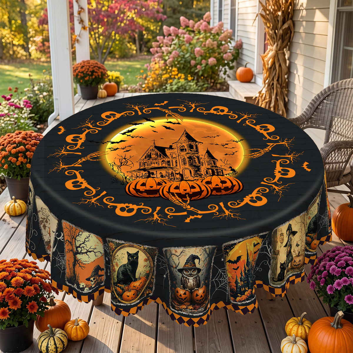 Halloween Cat & Pumpkin Round Tablecloth, Decorative Dining Table Cover for Halloween Parties, Dining & Fall Decor - BW001-180R - image 1