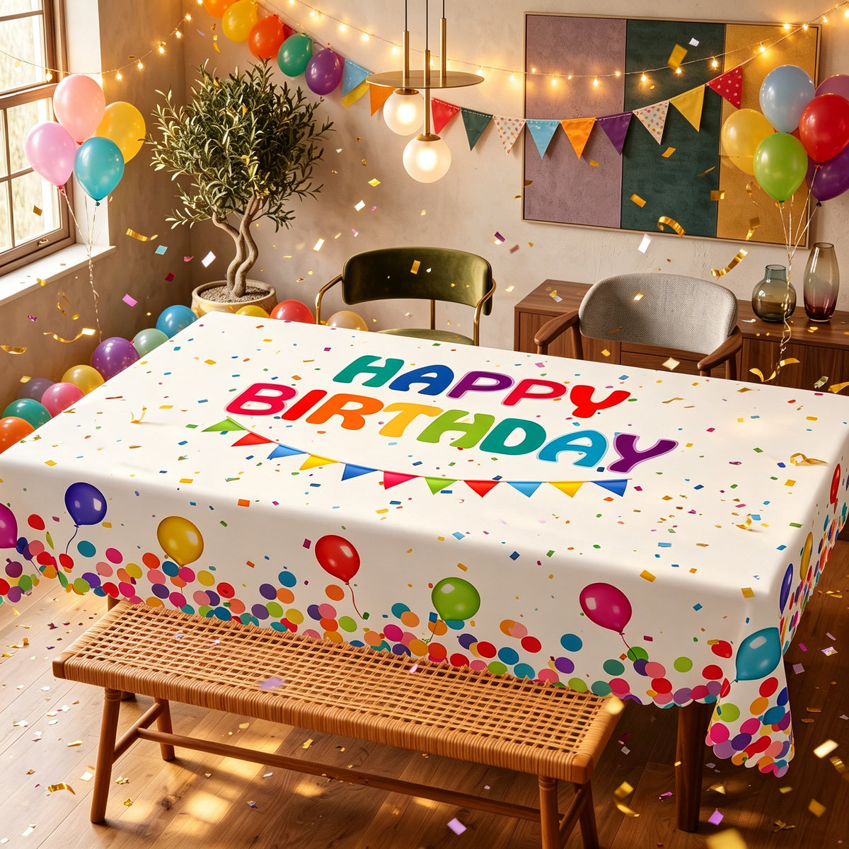 Happy Birthday Balloon Tablecloth, Decorative Dining Table Cover for Birthday Parties, Dining & Celebration Decor - HBD001-1-220 - image 1