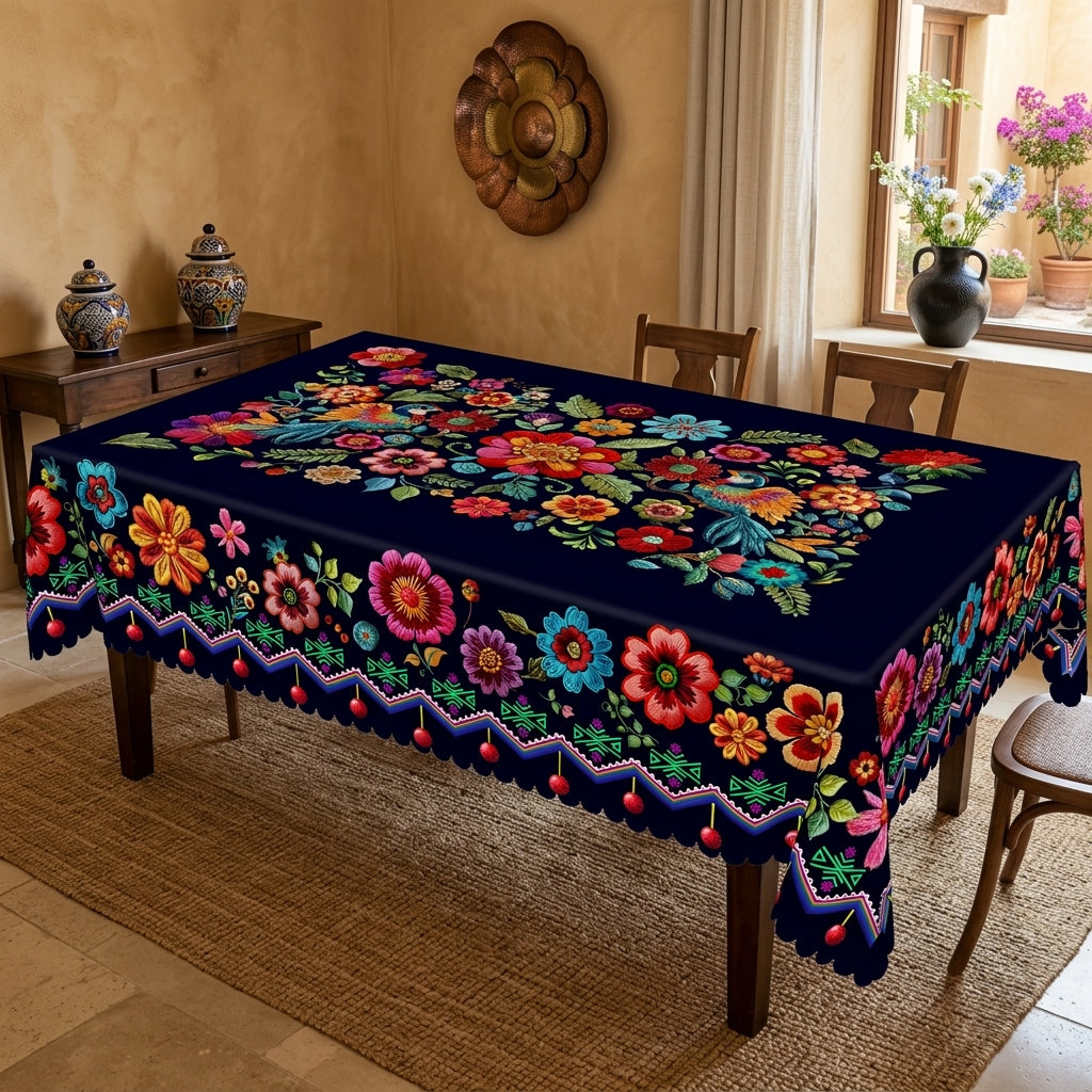 Navy Folk Floral Tablecloth, Decorative Dining Table Cover for Dining Room, Kitchen & Boho Home Decor - BH017-1-140 - image 1