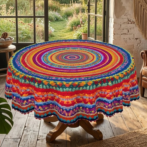 Colorful Bohemian Woven Round Tablecloth, Decorative Dining Table Cover for Dining, Party, Patio & Boho Home Decor - BX013-1-152R - image 1