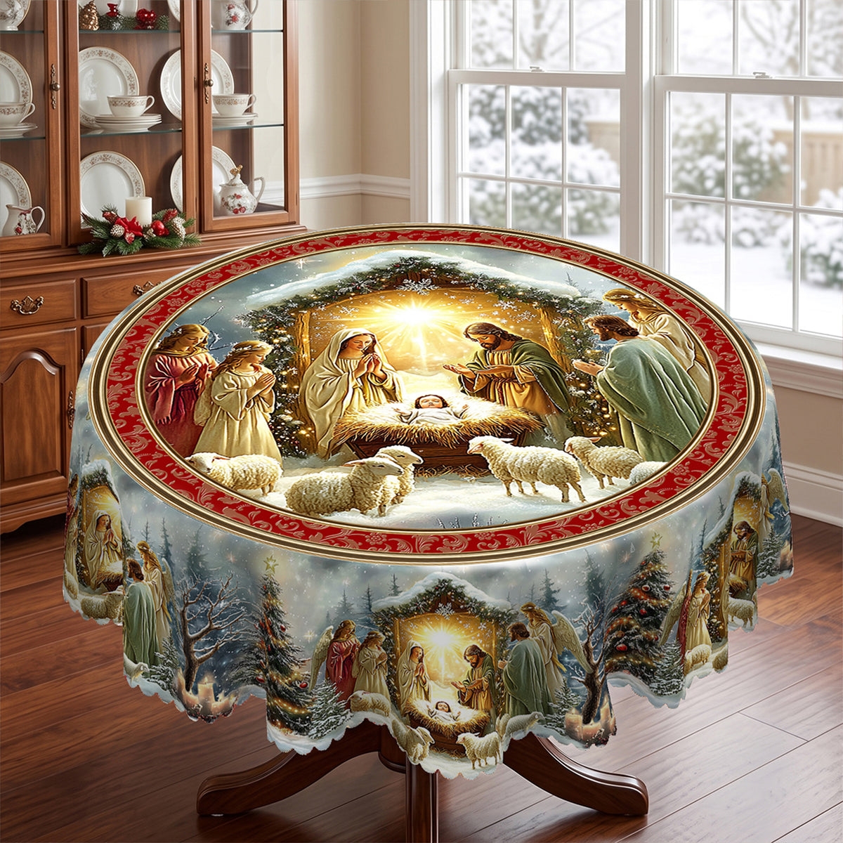 Christmas Nativity Scene Round Tablecloth, Decorative Dining Table Cover for Dining, Holiday Parties & Christmas Decor - BS037-152R - image 1