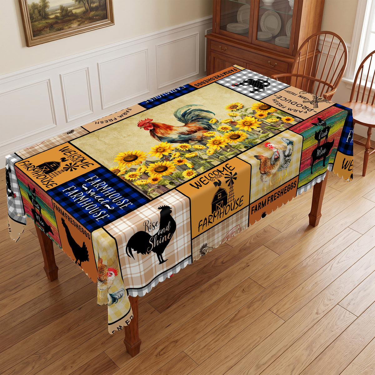 Farm Rooster Patchwork Tablecloth, Decorative Dining Table Cover for Kitchen, Dining & Farmhouse Home Decor - N58-220 - image 1