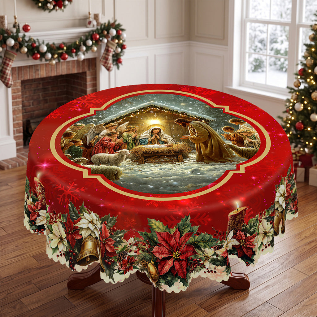 Christmas Santa Holiday Scene Round Tablecloth, Decorative Dining Table Cover for Dining, Holiday Parties & Christmas Decor - BS028-180R - image 1