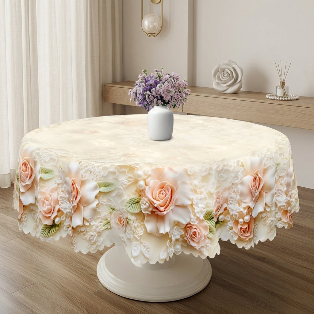Romantic Pink Rose Lace Round Tablecloth, Decorative Dining Table Cover for Dining, Wedding, Party & Home Decor - BH007-1-152R - image 1