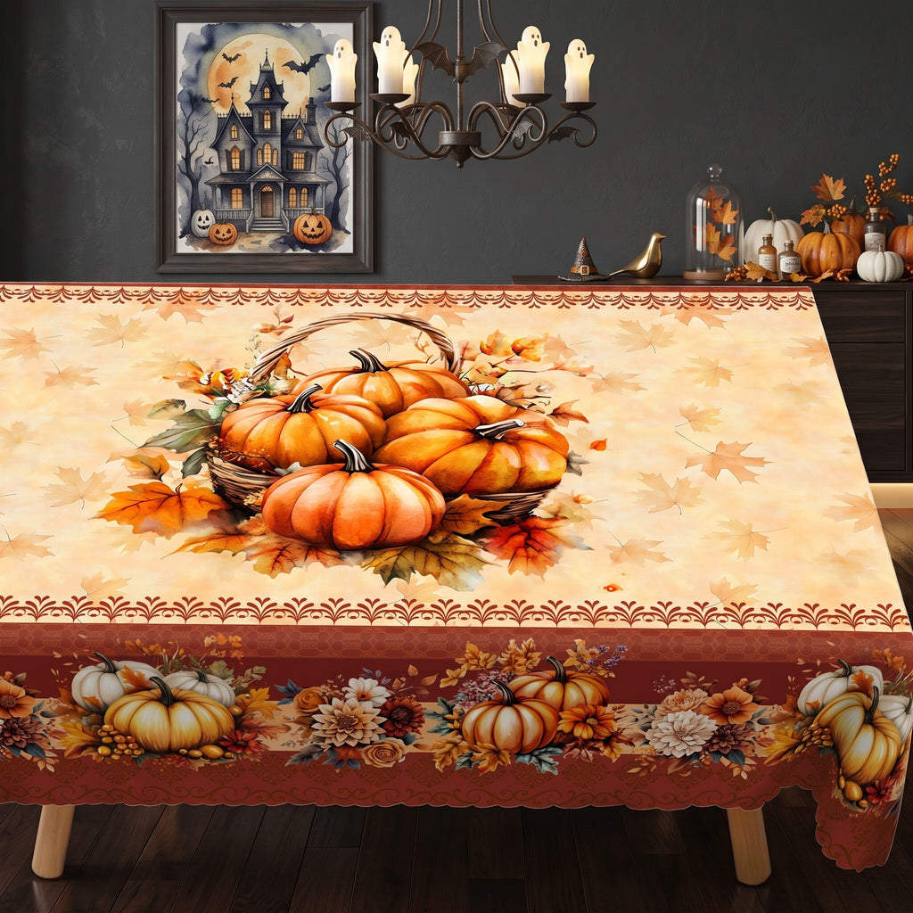 Pumpkin Harvest Border Tablecloth, Decorative Dining Table Cover for Dining, Thanksgiving & Farmhouse Fall Decor - BQ017-220 - image 1
