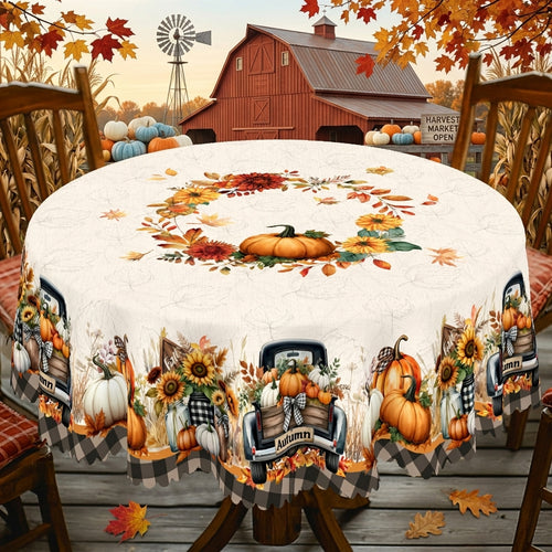 Fall Pumpkin Truck Farmhouse Round Tablecloth, Decorative Dining Table Cover for Thanksgiving, Fall Dining & Farmhouse Decor - BQ005-152R - image 1
