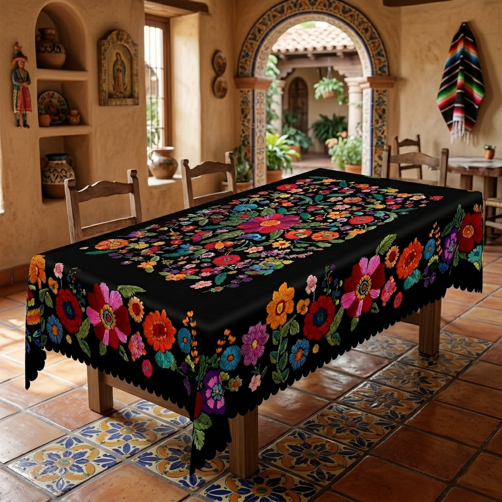 Black Mexican Floral Tablecloth, Decorative Dining Table Cover for Dining, Party & Boho Home Decor - BH015-1-140 - image 1
