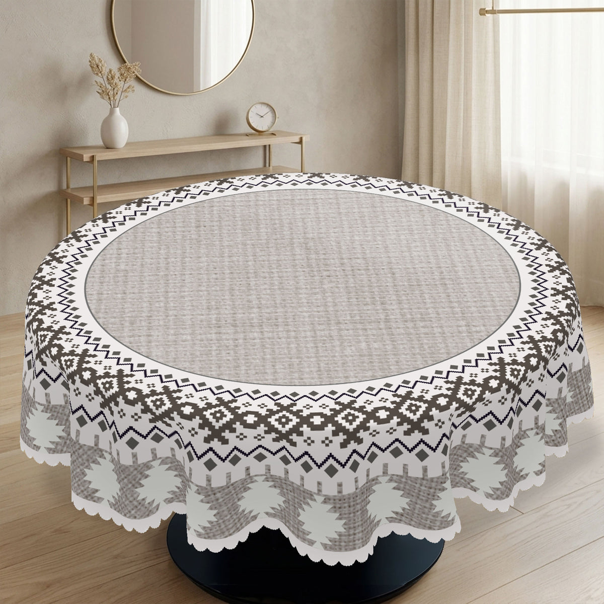 Modern Gray Geometric Round Tablecloth, Decorative Dining Table Cover for Dining Room, Kitchen & Contemporary Home Decor - JH001-152R - image 1
