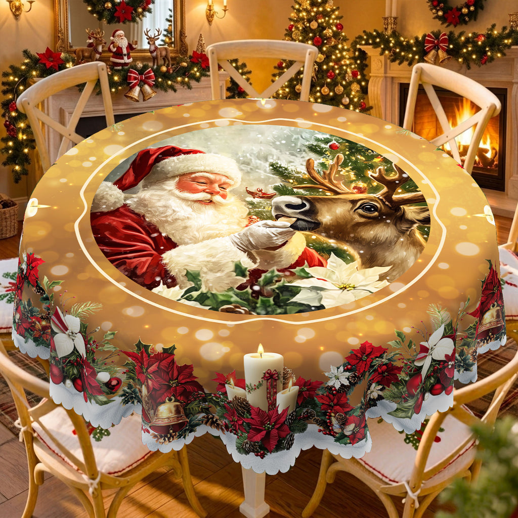 Christmas Santa & Deer Round Tablecloth, Decorative Dining Table Cover for Dining, Holiday Parties & Christmas Decor - BS003-180R - image 1